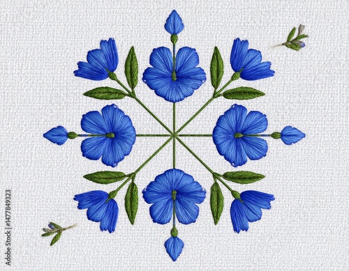 Detailed Blue Flower and Leaf Embroidery in Symmetrical Pattern