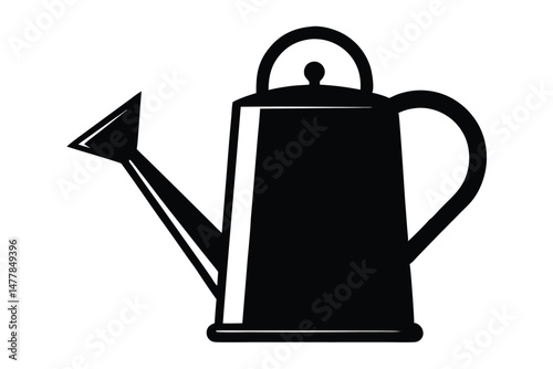 Isolated black silhouette illustration Classic watering can with curved handle and long spout
