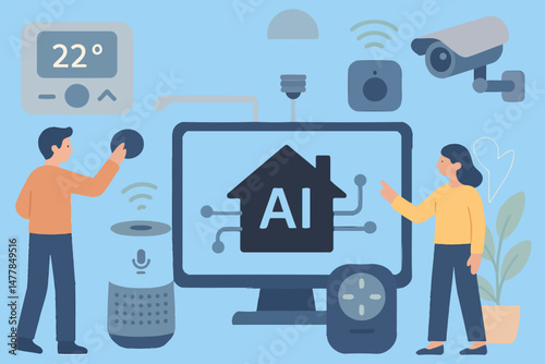 Flat vector illustration of AI-powered smart home devices with people interacting, modern tech concept, clean pastel color palette.