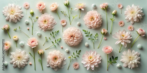 Pastel Blossom Arrangement Delicate Floral Flat Lay with Various Blooms and Greenery on a Soft Green Background