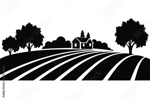 Vector illustration of the Taj Mahal in India, a white marble silhouette against a sunset sky in a park landscape
