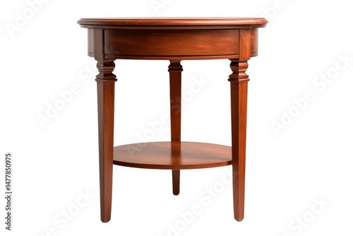 Elegant round wooden end table with a drawer and lower shelf. Perfect for any living room.