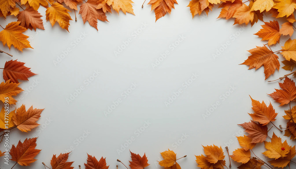 Fototapeta premium Autumnal frame of vibrant fall leaves on a white background.
