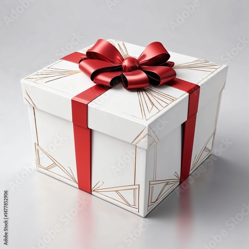 White gift box with a red bow on a glossy white surface with reflection. AI generated