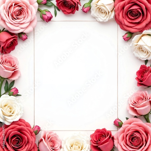 Colorful frame of red pink white roses for decorating holiday greeting cards blank design template.