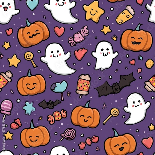 A seamless pattern of cute Halloween icons smiling pumpkins, playful ghosts, bats with hearts, candy, and stars