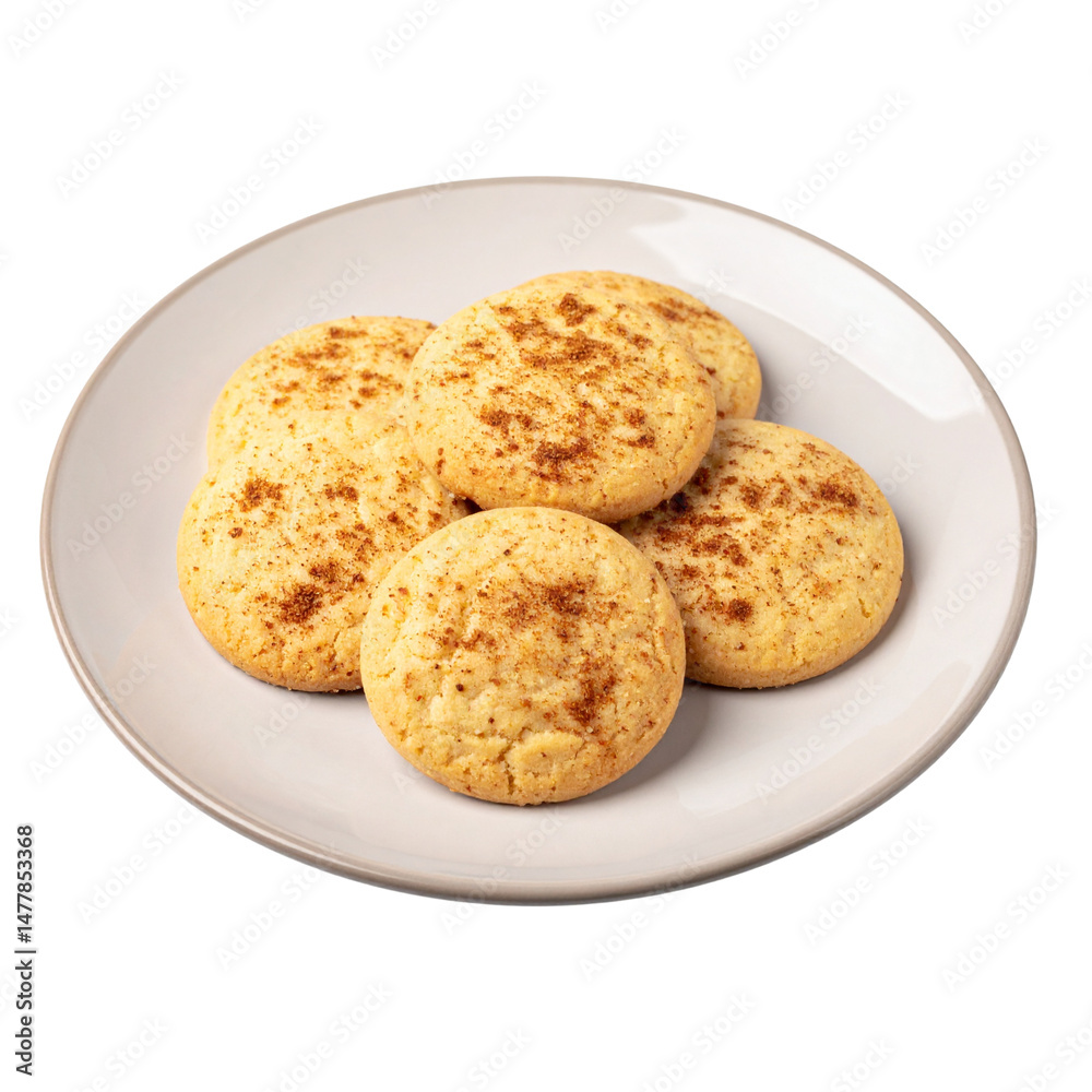 Runde Butterkekse mit Zimt-Zucker bestreut, präsentiert auf modernem Keramikteller, freigestellt auf weißem Hintergrund“ Runde Butterkekse mit Zimt-Zucker bestreut, präsentiert auf modernem Keramikteller, freigestellt auf weißem Hintergrund“