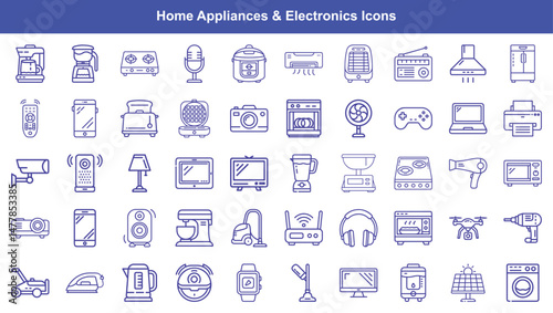 Home Appliances and Electronics Outlined Icon Collection Kitchen, Entertainment, and Cleaning Devices Representation