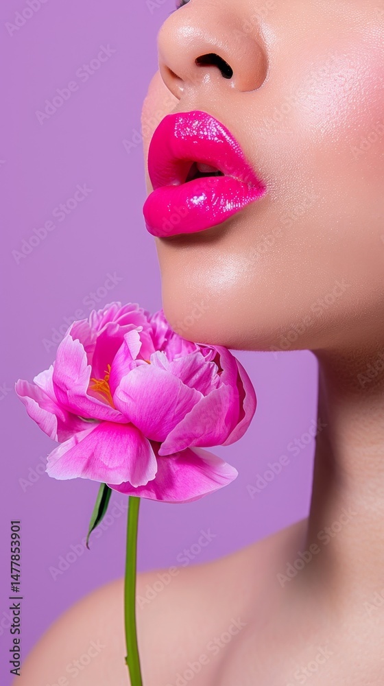 Close-up view of a woman's lips adorned with vibrant pink lipstick, complemented by a blooming peony against a pastel purple background Close-up view of a woman's lips adorned with vibrant pink lipstick, complemented by a blooming peony against a pastel purple background