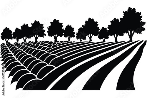 Abstract black and white vector design illustrates a lone tree in a summer countryside field