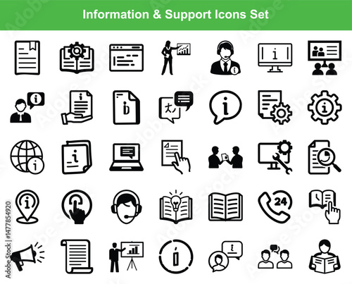 Information Support Icons Customer Service, FAQs, Global Support, Settings, Communication and Assistance