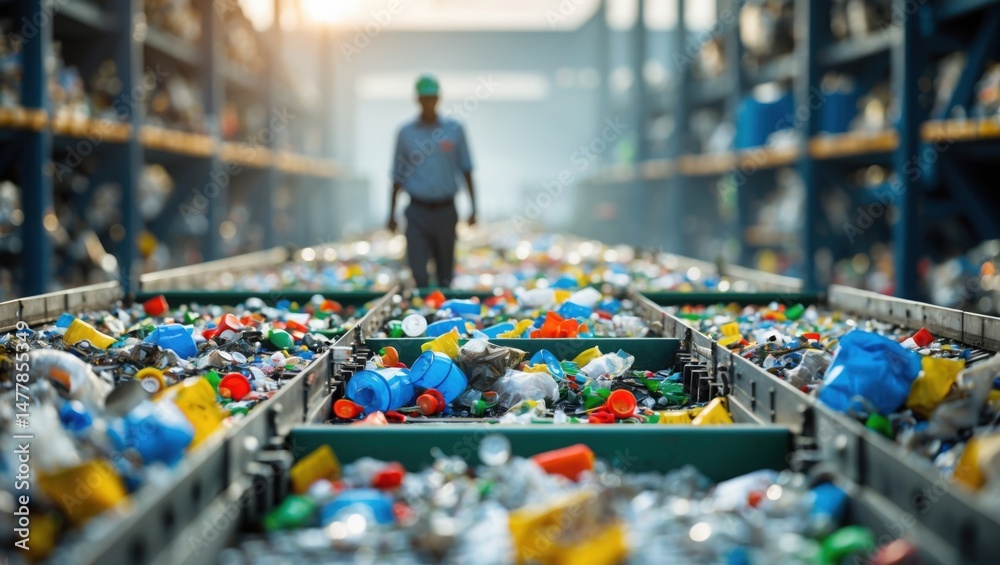 Obraz premium Waste Sorting on Conveyor Belt. Employee walking far away at Recycling Factory. Trash moving process