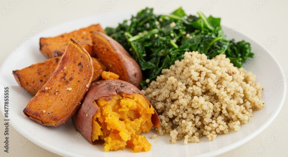 Plate of sweet potatoes kale and quinoa healthy meal on white background. Plate of sweet potatoes kale and quinoa healthy meal on white background.
