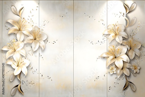 Beige lily arrangement on white panels creates an elegant, floral focal point for room dÃ©cor