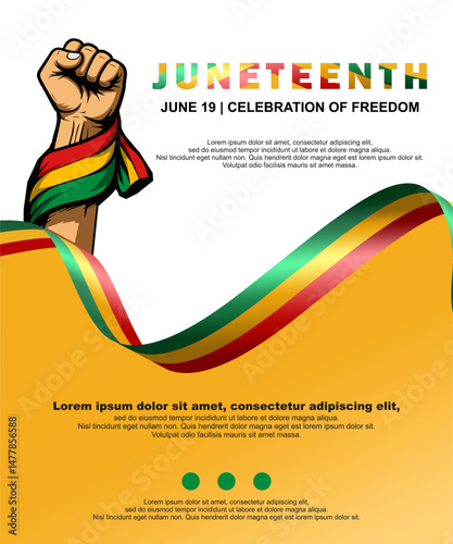 Juneteenth Freedom Day, Juneteenth celebration poster with raised fist, African colors ribbon (red, yellow, green), symbolizing freedom, Black pride, and emancipation on June 19. Vector illustration.