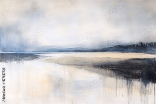 Tranquil Watercolor Seascape with Lush Greenery – Serene Coastal Horizon and Soft Cloudy Sky photo