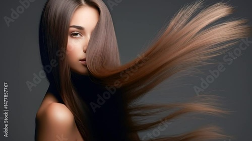 Fashionable brunette woman with flowing straight long shiny hair on a dark background. Beauty, health and hair care. Hair product advertising concept.