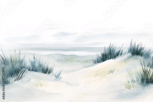 Tranquil Watercolor Seascape with Lush Greenery – Serene Coastal Horizon and Soft Cloudy Sky photo