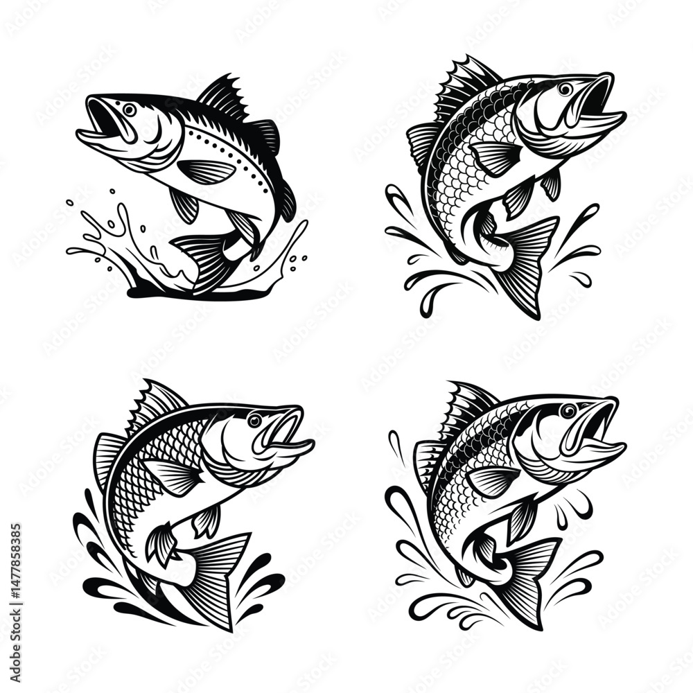 Fototapeta premium Jumping Bass Fish Black and White Vector Illustration
