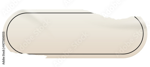 Wrinkled white rounded rectangle sticker with a ripped paper edge. Badge, price tag. Old distressed blank label with grunge texture for scrapbook designs.	