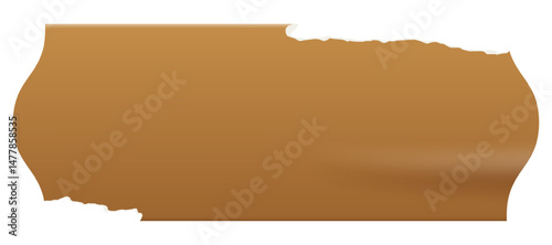 Retro brown rectangle price tag sticker. Wrinkled badge with a ripped paper edge. Old distressed blank label with grunge texture for scrapbook designs.	