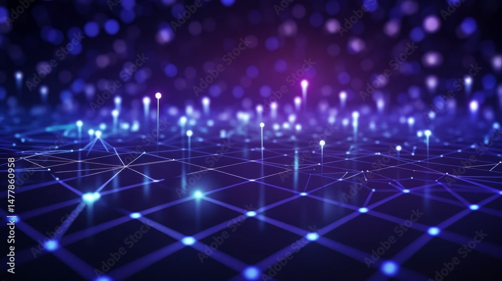 Obraz premium Blue and purple background with many small dots. The dots are connected to each other in a grid pattern