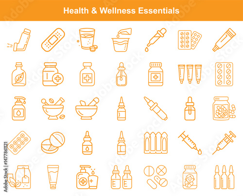 Medical Treatment and Wellness Supplies Icons Collection, Pharmaceuticals and Healthcare Elements