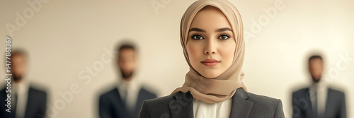 Proud Muslim female job candidate presents herself at forefront, her blurred competitors behind her, Muslim woman, best job candidate, professional suit, job interview, career ambition.