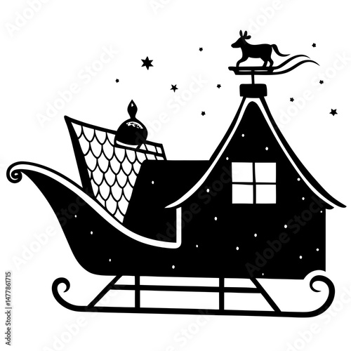 Sleigh-on-rooftop Vector Illustration | Printable Holiday Graphic Design for Digital Download