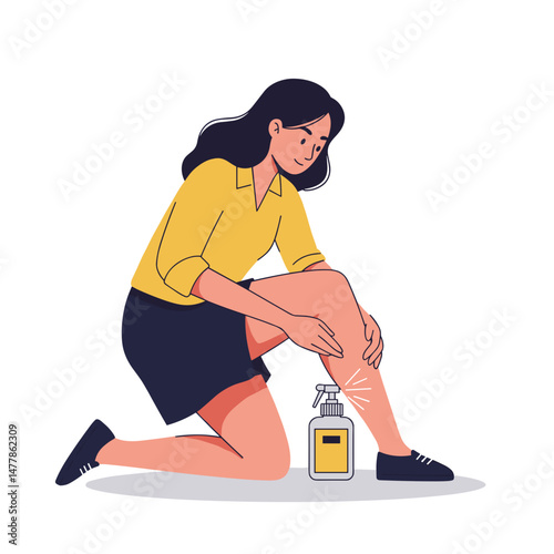 Woman applying repellant on her legs while kneeling in a bright, minimalistic setting