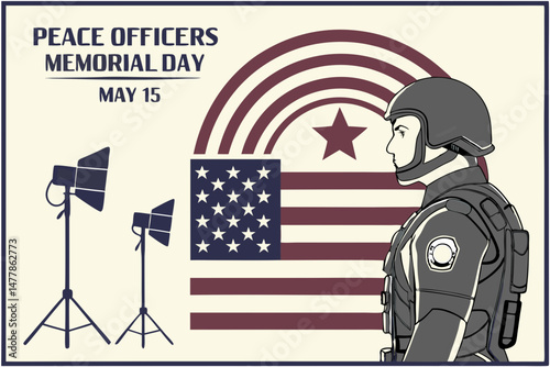 Peace Officers Memorial Day May 15th Observance Illustration Featuring a Police Officer and American Flag Design