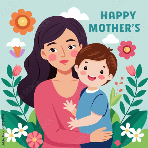 Happy Mothers Day Illustration Featuring a Loving Mother and Her Young Son Surrounded by Spring Flowers