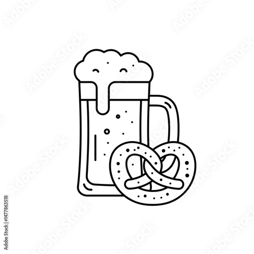 Beer mug with frothy top and pretzel on the side.  Minimalistic linear black and white icon, part of the series "Little-known holidays and cultural traditions". Editable SVG.
