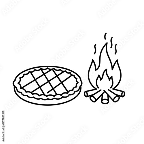 A round pie with slits, next to a fire with flames, symbolizes Ivan Kupala (Slavic holiday of the summer solstice). Minimalistic linear black and white icon, part of the series "Little-known holiday  