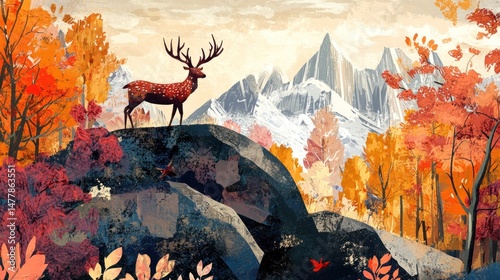 Autumnal deer atop a mountain