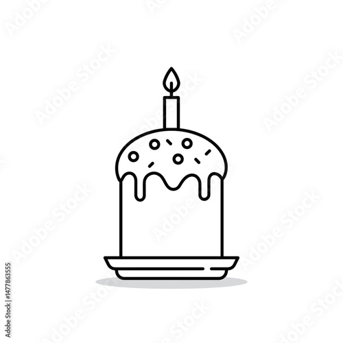 Easter cake with icing and candle on a plate. Minimalistic linear black and white icon, part of the "Little-known holidays and cultural traditions" series. Editable SVG