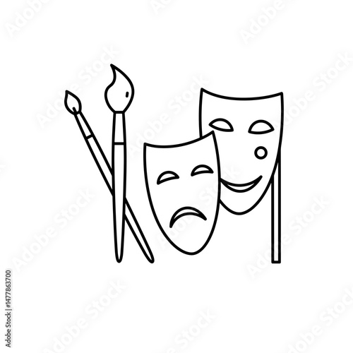 An artistic brush, next to a theatrical mask – symbolizes the International Day of Art. Minimalistic linear black and white icon, part of the series "Little-known holidays and cultural traditions". Ed
