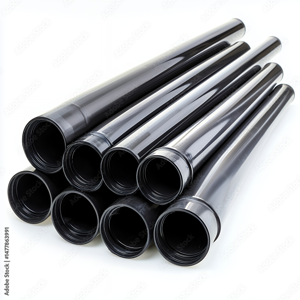 Fototapeta premium Stack of Black Cylindrical Tubes on White Background