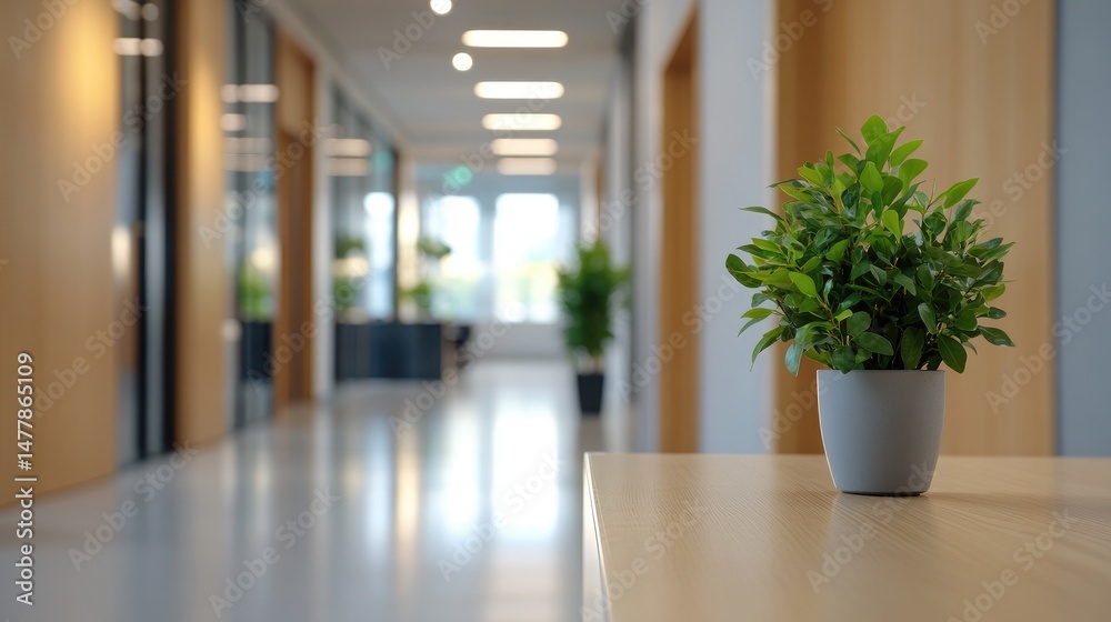Fototapeta premium Indoor plant on surface with blurred background corridor modern interior decor