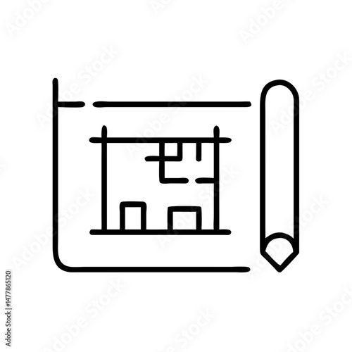 Architectural blueprint with pencil on a white background - Concept of design  icon