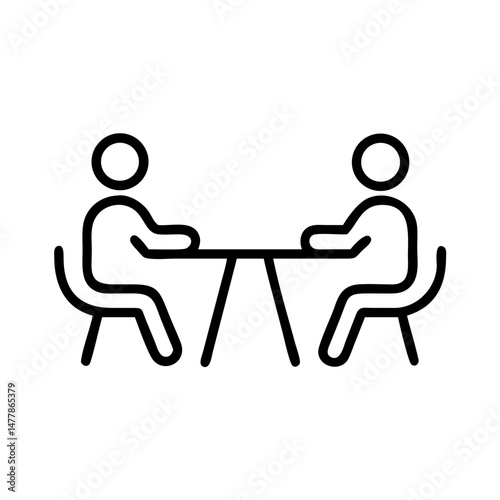 Two people sitting at a table discussing ideas in simple line art  icon