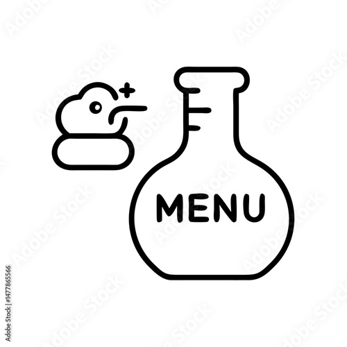 Laboratory flask with menu text and food icon design concept  