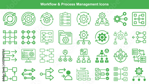 Process Management and Workflow Automation Icon Set Illustrating Business Operations and Organization Charts