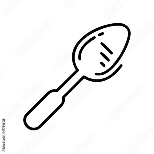 Line drawing of a kitchen spoon with a rounded tip and handle  