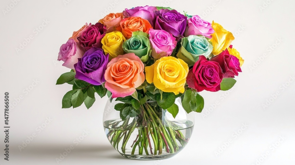 Fototapeta premium Vibrant bouquet of colorful roses in a clear vase