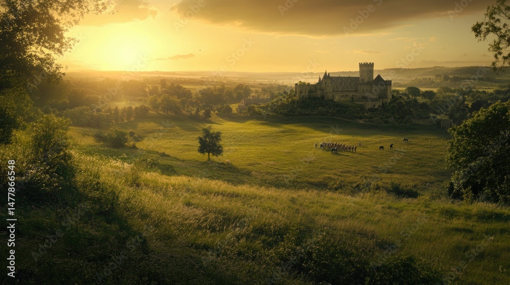 Fototapeta premium Sunset illuminates castle, field, and figures.