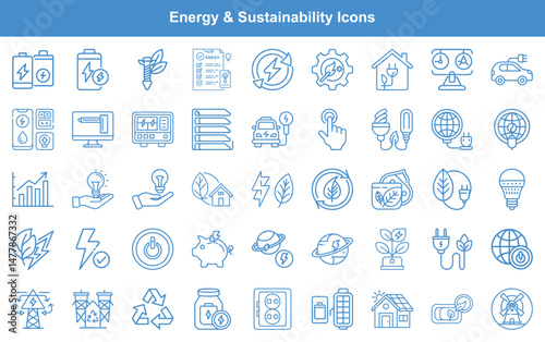 Set of Energy and Sustainability Outline Icons Batteries, Solar Power, Electric Cars, and Recycling