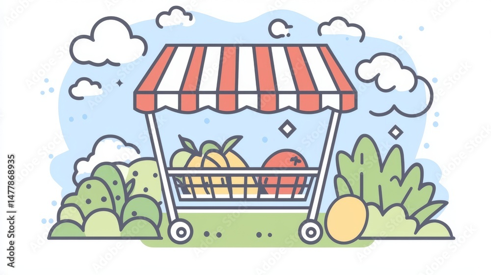 Naklejka premium A cheerful illustration depicts a small outdoor fruit stand with a red and white striped awning displaying a variety of fresh produce items.