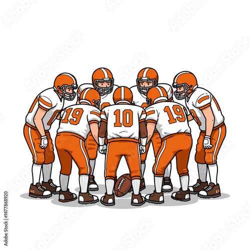 Football team huddling together for a strategy discussion in a dynamic, sporty environment