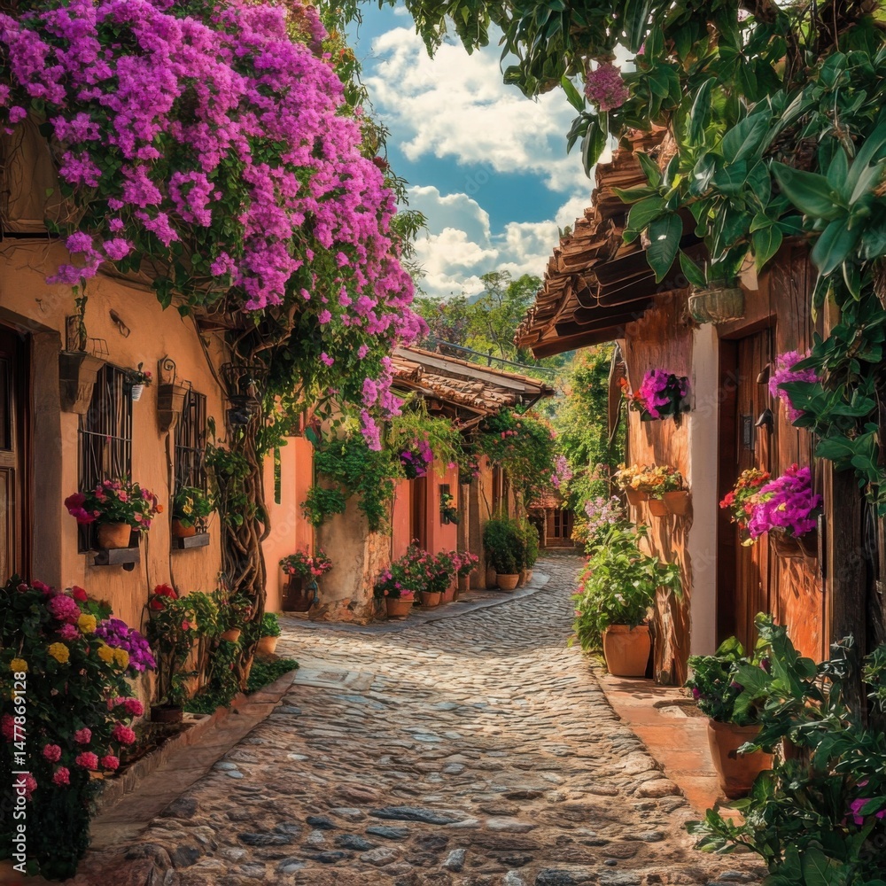 Fototapeta premium Charming cobblestone street lined with colorful bougainvillea and terracotta buildings in a quaint Mexican village